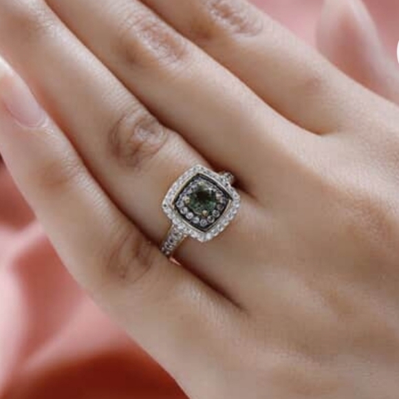 Genuine Tanzanian Green Apatite, White & Champagne Zircon 18k/925 💍 Sz 6 - Picture 4 of 6